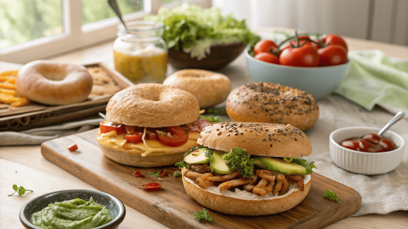 A variety of 10 Hawaiian rolls bagels topped with different ingredients such as BBQ chicken, deli turkey, cheese, avocado, and fresh veggies on a wooden table.