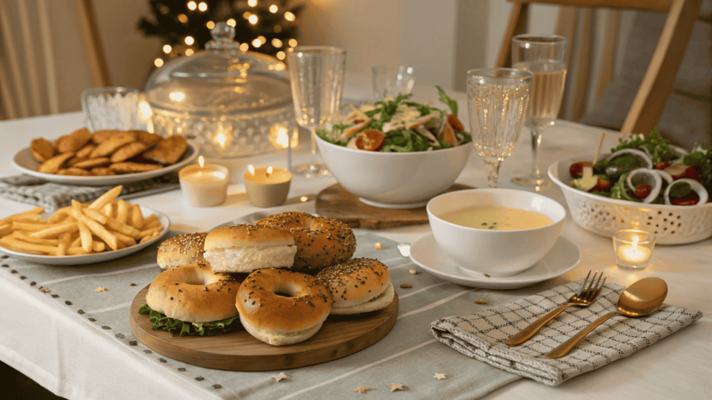 A cozy dinner table set with Hawaiian rolls bagels, fresh salad, crispy fries, and light soup, perfect for a family or small dinner party.