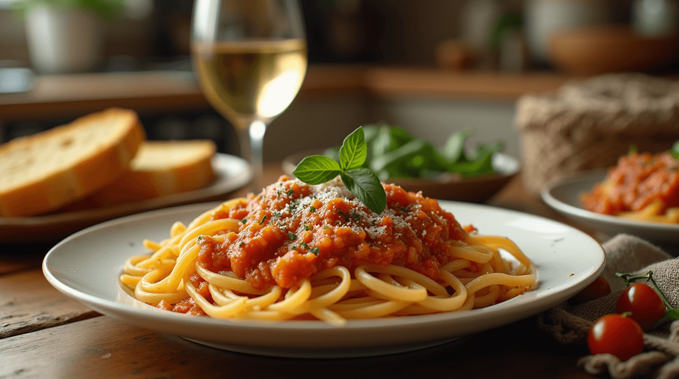 Delicious frozen food pasta dish with rich sauce, garnished with fresh herbs, side salad, and garlic bread on a rustic dining table.