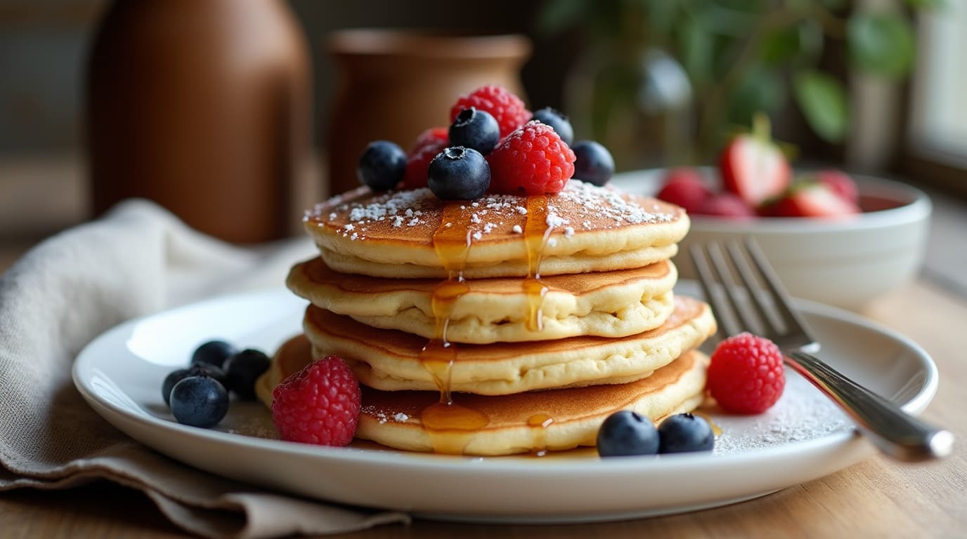 Fluffy sourdough discard pancakes with fresh berries and maple syrup on a white plate.