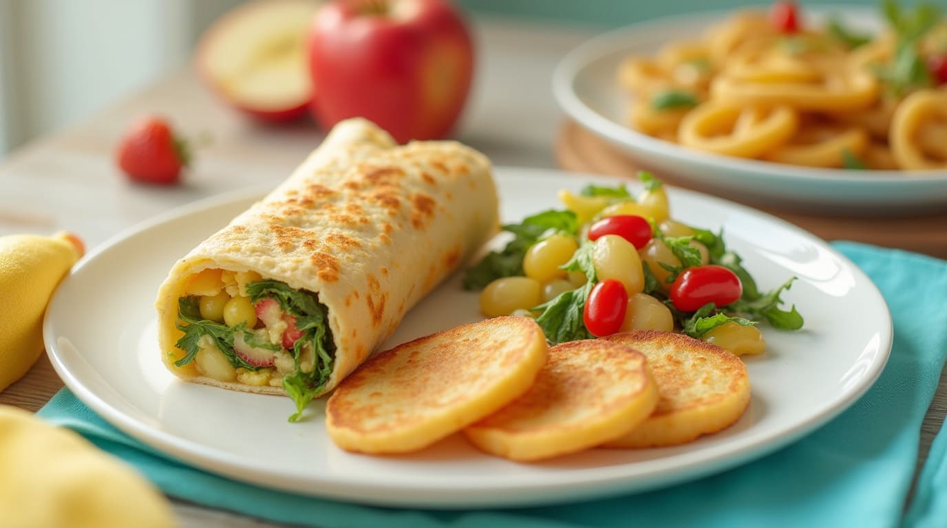 Bright and colorful toddler-friendly lunch with veggie cheese wrap, mini pasta salad, and banana oat pancakes.