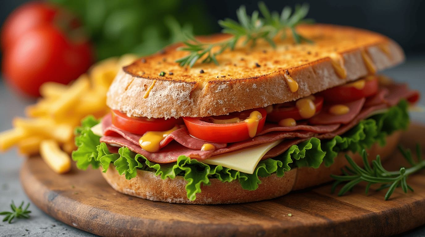 Realistic image of an olive loaf lunch meat sandwich with fresh vegetables, cheese, and a drizzle of mustard, served with crispy fries.