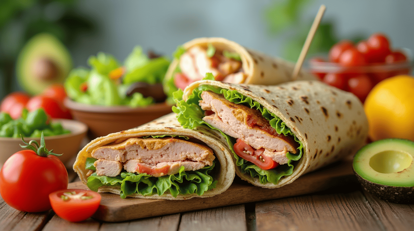 A colorful lunch spread featuring turkey wraps, a fresh salad, and a classic turkey sandwich with fresh vegetables on a wooden table.