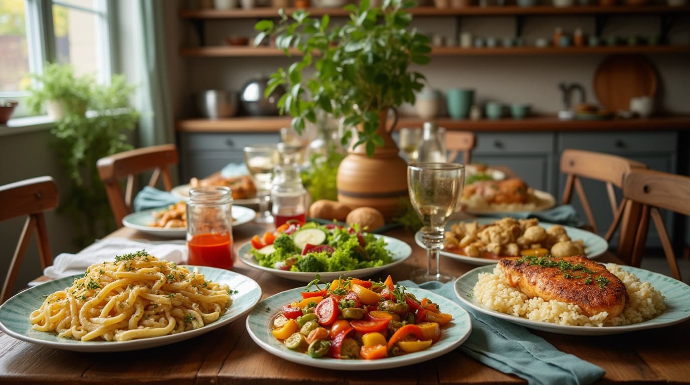 Cozy kitchen for Thursday Night Dinner Recipes scene with creamy garlic parmesan pasta, veggie stir-fry with rice, and lemon herb chicken with roasted veggies.
