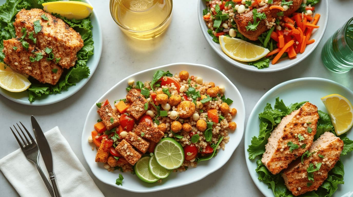 A beautifully arranged table with high-protein lunch dishes, including grilled chicken quinoa salad, tofu stir-fry, and salmon grain bowls.