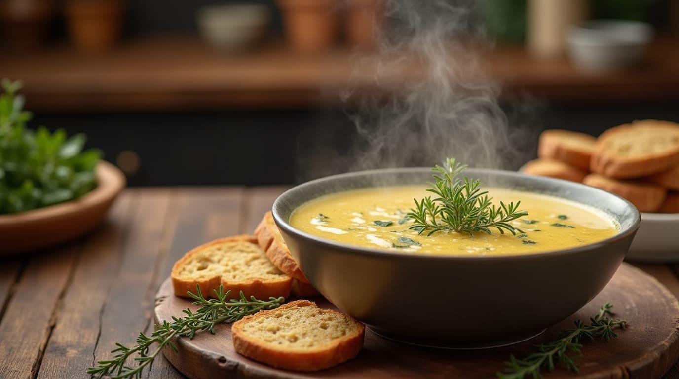 A steaming bowl of thyme-infused soup with crusty bread on a rustic wooden table, garnished with fresh thyme leaves.