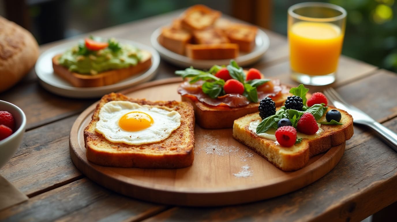 A rustic breakfast spread featuring five irresistible sourdough dishes, including avocado toast with a poached egg, French toast with berries, a bacon and cheese breakfast sandwich, berry jam toast, and a veggie breakfast bowl.