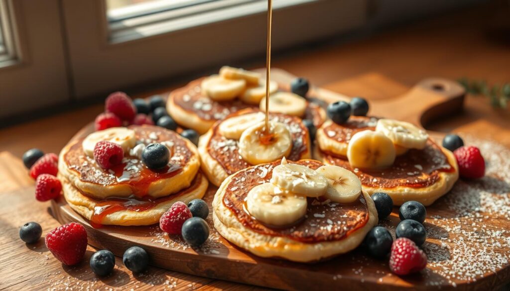 Variety of gluten-free banana pancakes on a wooden board