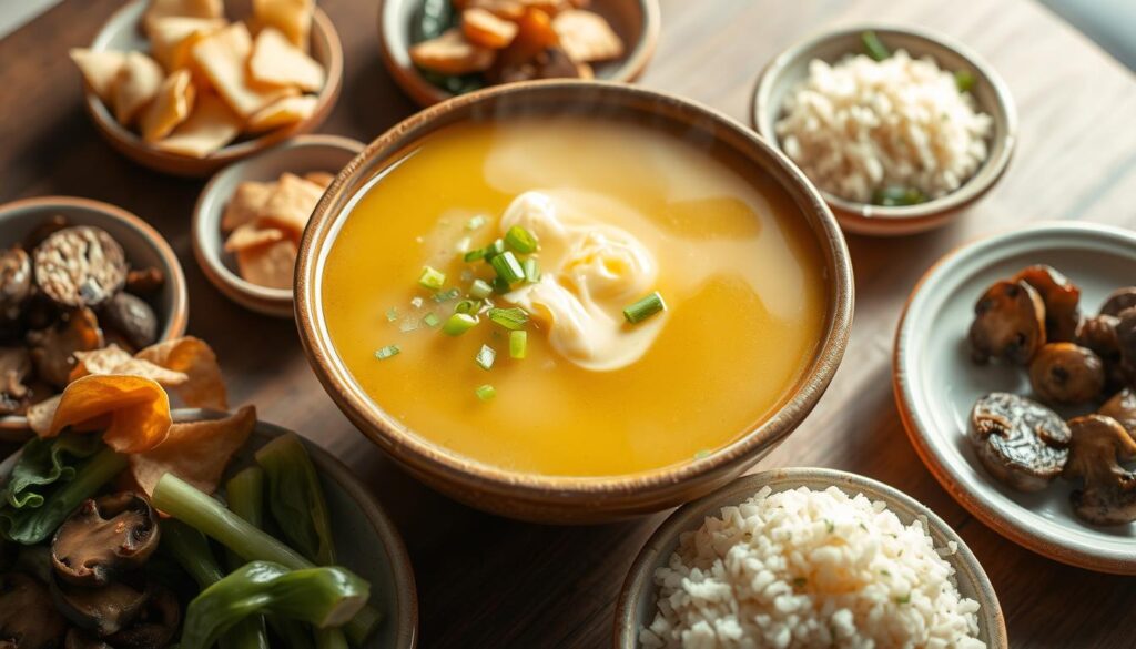 homemade egg drop soup with side dishes